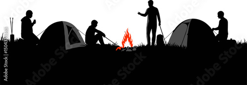 Silhouette of Campers Enjoying a Bonfire and Relaxing by Their Tents Under the Night Sky A Peaceful Camping Scene