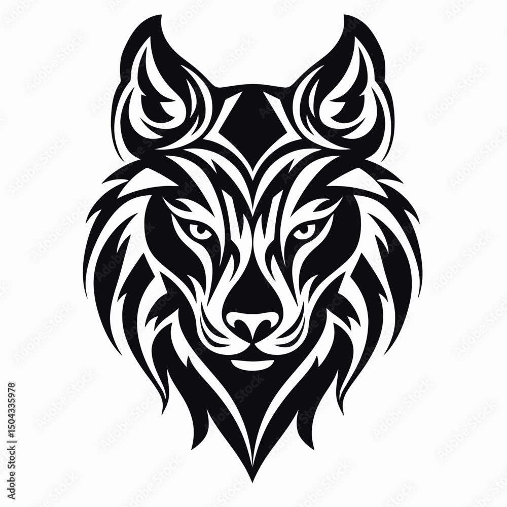 Fototapeta premium Intricate tribal wolf head design rendered in striking black and white silhouette