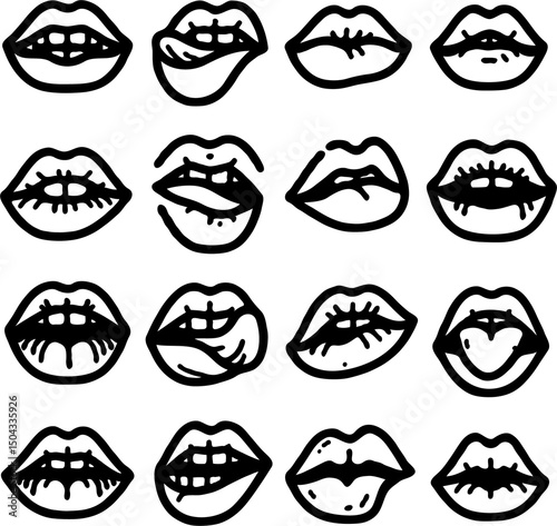 Collection of hand-drawn lips illustrations. Set of female lips, stylish lip black and white designs, lip outlines in various shapes and styles. 