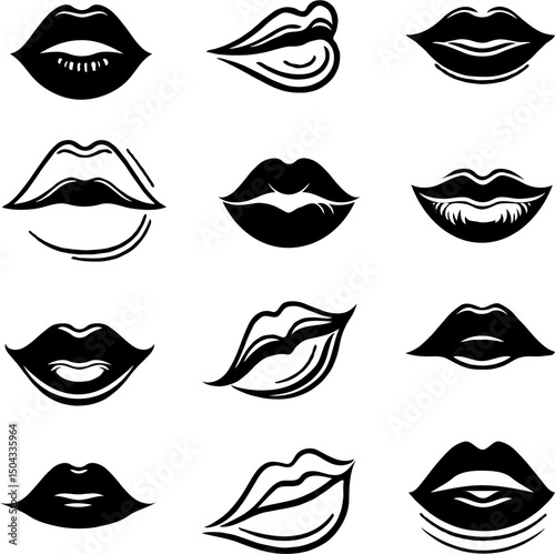 Collection of hand-drawn lips illustrations. Set of female lips, stylish lip black and white designs, lip outlines in various shapes and styles. 