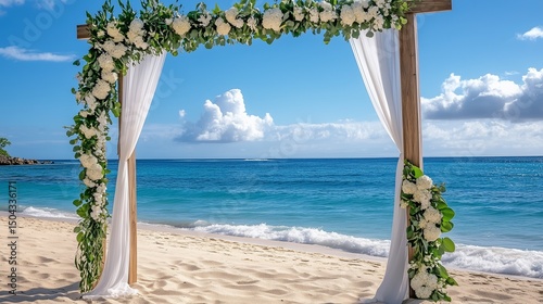 Elegant Beach Wedding Arch Adorned with White Flowers and Flowing Drapery

