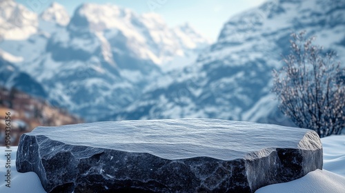 Solitary Rock Platform Against a Snowy Mountain Backdrop: A Winter Display

