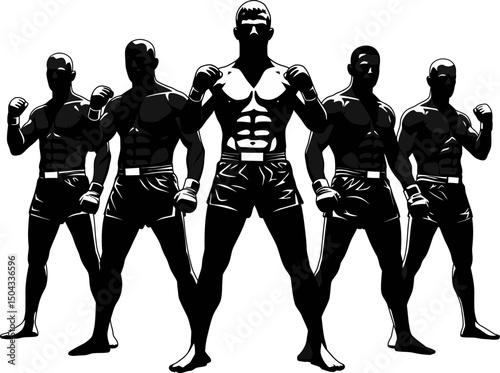Unstoppable Team Muay Thai Fighters Silhouette, Martial Arts Power, Strength, Unity, Championship Aspirations