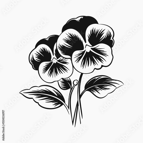 Pansies flower floral blossom bloom botanical spring summer garden black white vector illustration art silhouette