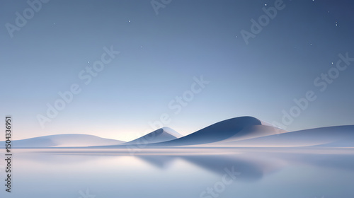 3D rendering of minimalist abstract landscape of mountains, lakes and lakes