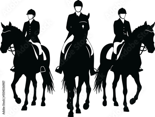 Elegant Silhouette of Three Horse Riders in Dressage Attire