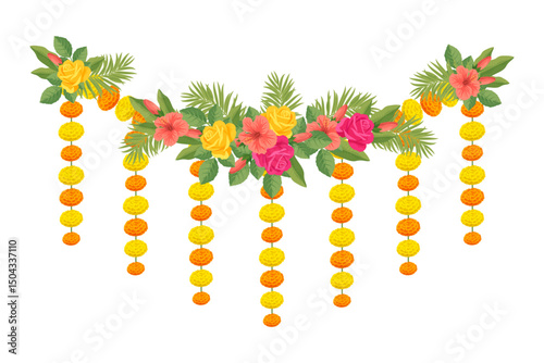 Traditional Indian floral garland with marigold flowers, roses, mango leaves. Decoration for Indian hindu holidays or wedding ceremony. Isolated on white. Vector illustration.