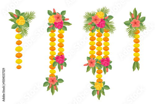 Traditional Indian floral garland with marigold flowers, roses, mango leaves. Decoration for Indian hindu holidays or wedding ceremony. Isolated on white. Vector illustration.
