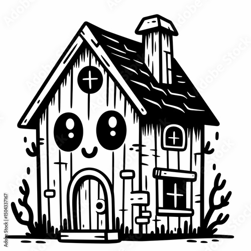 Cute cartoon haunted house with smiling face