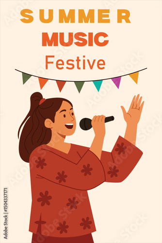 cheerful summer music festival poster with female singer performing and colorful flags, perfect for seasonal events, concerts, live shows, celebration promotions and youth party advertising artwork