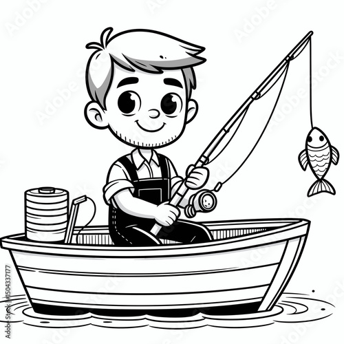 Smiling boy fishing on boat in the water