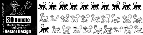 Set of Monkey Silhouette and line art vector illustration