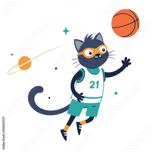Cosmic Cat A Fun Illustration of a Basketball-Playing Cat in Space