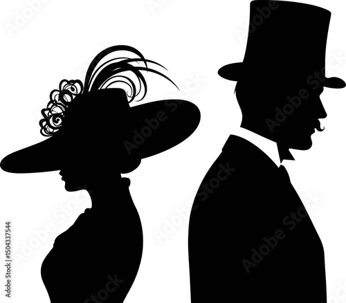 Elegant Victorian Era Couple Silhouettes Vintage Fashion, Classic Style, Romantic Illustration
