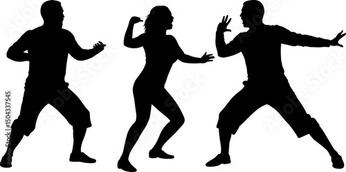 Silhouette of Three People in Martial Arts Poses Powerful Imagery for Self-Defense, Fitness, and Action
