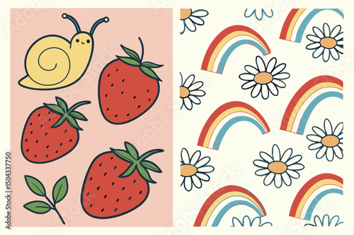 Seamless pattern featuring sweet, fresh strawberries and other ripe summer fruits like apples and watermelons, perfect for a vibrant design illustration