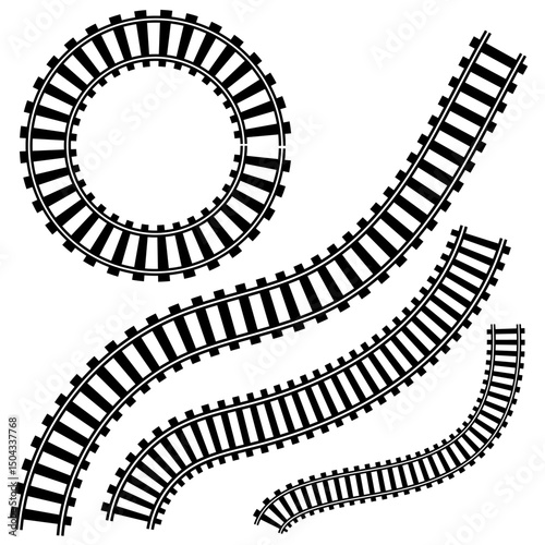 Railway Line, Rails Symbol, Train Tracks Sign, Railroad Pictogram,  Vector, Black railway tracks, Railroads curved straight, traffic signs. Transport vector silhouettes set, eps10 11:11
