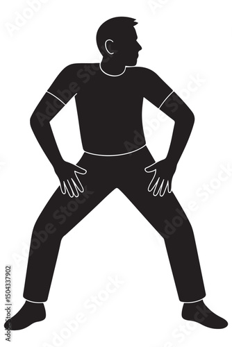 Silhouette of a man standing with feet wide apart and hands placed on thighs, mid-dance, action silhouette