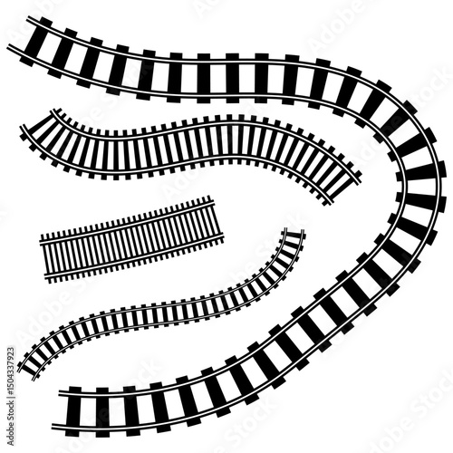 Railway Track Icon Set Vector Design on White Background. Railway Line, Rails Symbol, Train Tracks Sign, Railroad Pictogram, Railroad elements set, Railroads curved straight, traffic sign,seps10, 1111