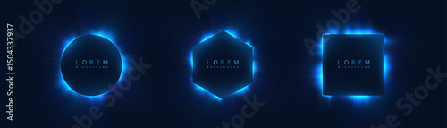 Blue glowing geometric frame silhouettes on dark background. Neon circle, hexagon and square with glowing aura for technology user interface, digital graphics.