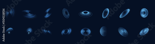 A set of radar style circular pulse interfaces with glowing concentric rings of blue light. Includes scanning visuals, pulse rotation, and digital detection elements on a dark background.	