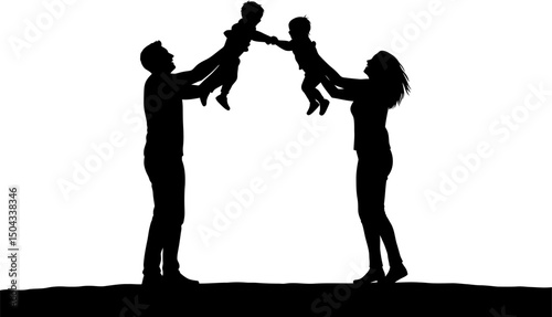 Joyful Family Silhouette Parents Lifting Twins, Symbol of Love and Parenthood