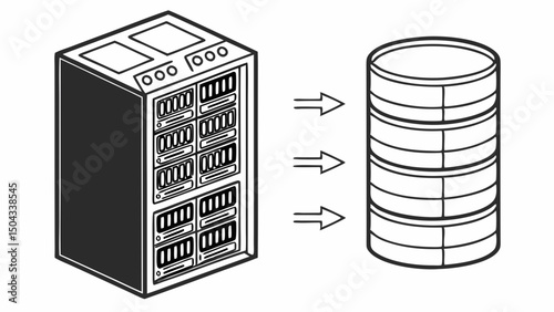 Three Black Technical Side-View Icons – Server Rack, Network Switch, Database Cylinder with Uniform Shading on White Background