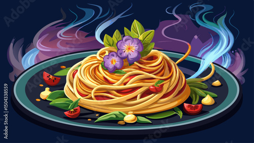 Steaming spaghetti elegantly plated on a dark dish, garnished with fresh herbs and delicate edible flowers, offers a visually stunning and appetizing culinary presentation full of vibrant flavors.