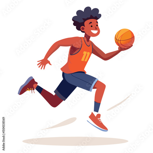 Young Boy Dribbling Basketball, Action Shot Illustration