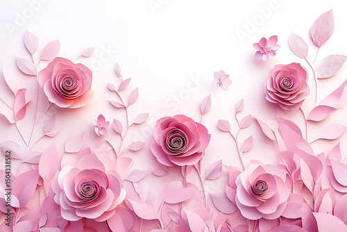 Papercut Roses with Leaves, 3D Rendered Floral Art, Soft Pink Palette, Elegant Design