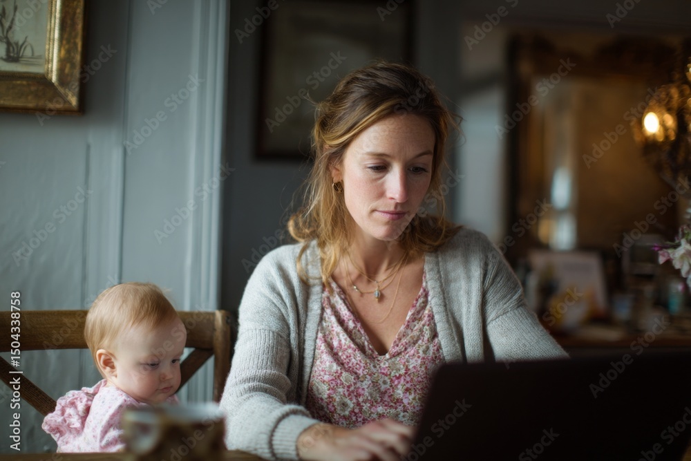 Mother works on laptop at table with baby daughter watching, depicting work life balance and modern family. Mother works on laptop at table with baby daughter watching, depicting work life balance and modern family.