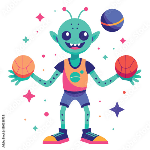 Adorable Alien Basketball Player Illustration Cute Cartoon Extraterrestrial Juggling Balls in Space