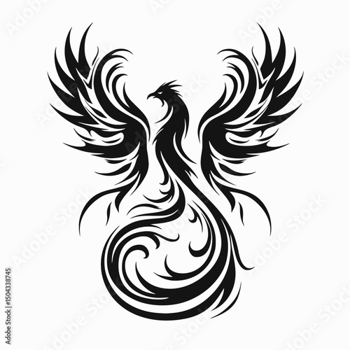 Phoenix bird mythical creature firebird vector illustration tattoo tribal design art graphic symbol logo silhouette
