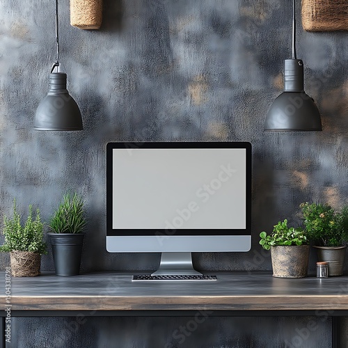A modern workspace featuring a blank computer screen and greenery