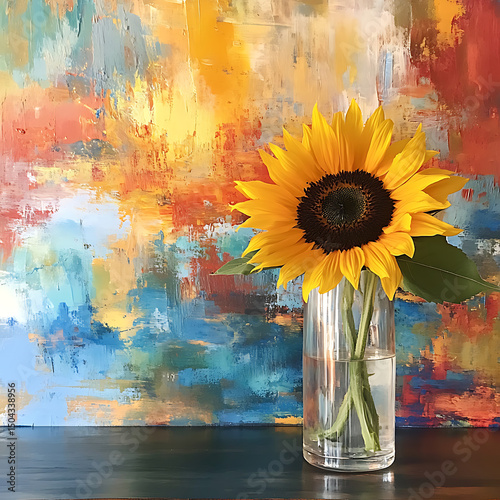 Minimalist sunflower in vase with natural light background high resolution picture