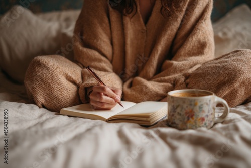 Cozy scene: Woman sits cross-legged in bed writing in a notebook with a pen while enjoying coffee in a floral mug.