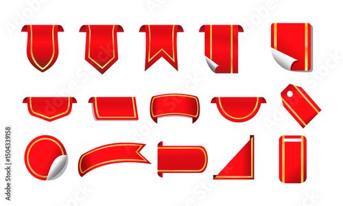 Red tag with golden line vector illustration set isolated on transparent background. Suitable for promotion, discount, best seller product.