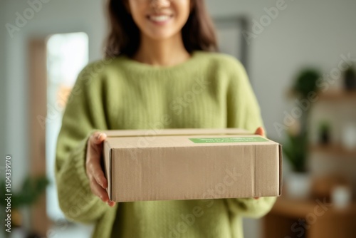 Asian woman holding parcel indoors, smiling face, delivering package, shipping box, purchase, delivery service, receiving order