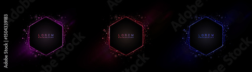Colorful hexagonal frames with neon glow effect and bright bokeh in the background. Vector template for technology banners, digital UI design or futuristic presentations and covers.