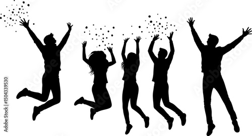 Silhouette of Joyful Friends Jumping and Celebrating, Exuding Happiness and Unity