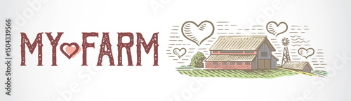 Illustration in the form of a trademark. Farm building, rural landscape, drawing in engraving style with a symbolic of a hearts in place of clouds. Vector illustration.
