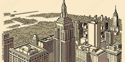 hand-drawn new york city and skyline vector art