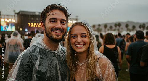 Young couple smiling together at outdoor music festival in rain
