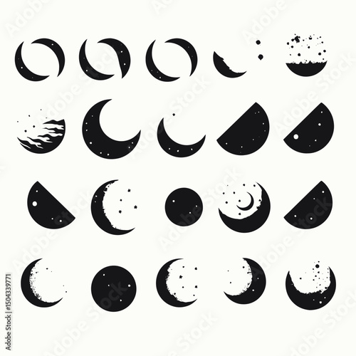 Phases moon celestial astrology astronomy lunar eclipse crescent full night sky space dark cycle set silhouette