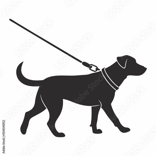 Solid Black Walking Dog Silhouette with Harness Handle – ISO 7001 Symbol Minimalist Vector on White Background