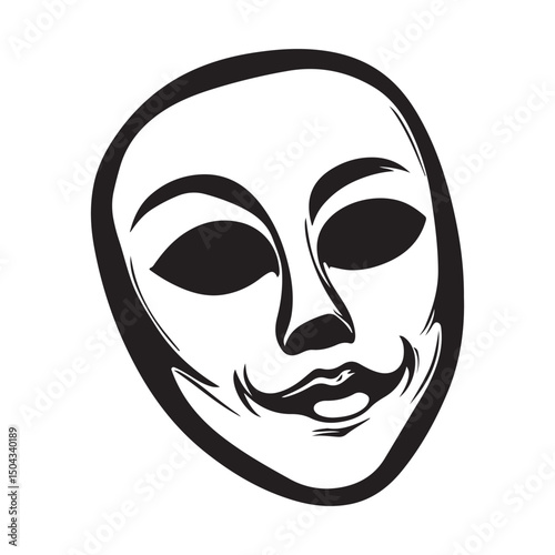 A smiling mask illustration in black and white, conveying a theatrical or mysterious mood.