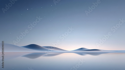 3D rendering of minimalist abstract landscape of mountains, lakes and lakes