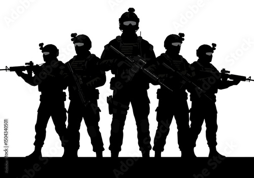 Elite Special Forces Silhouettes Military Operation Readiness, Tactical Team, Armed Forces, Combat, Security