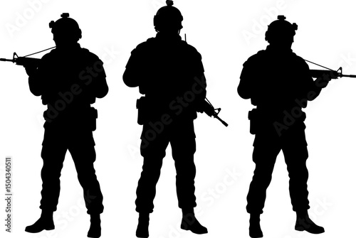 Silhouette of Three Soldiers in Combat Gear, Ready for Action, Military Personnel, Armed Forces, Security