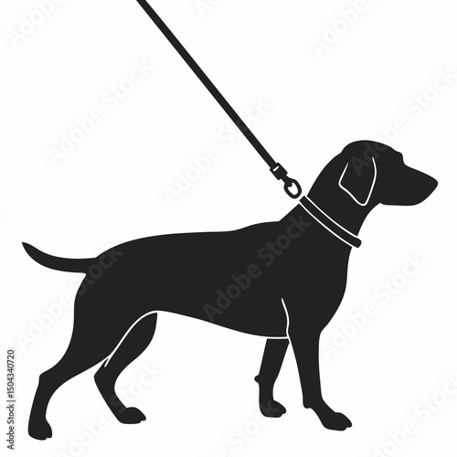 Solid Black Walking Dog Silhouette with Harness Handle – ISO 7001 Symbol Style on White Background